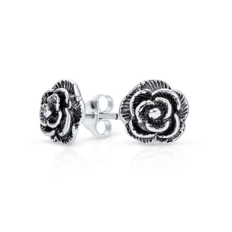 Retro Vintage Floral Black Rose Stud Earrings Oxidized Sterling Silver 8MM