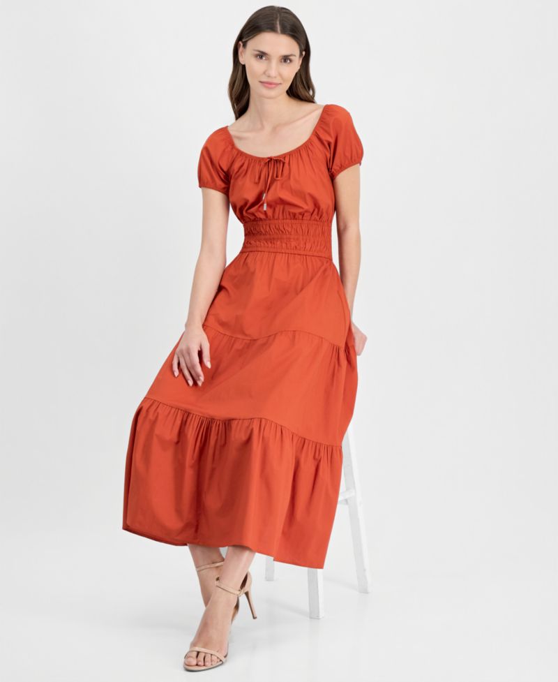 Women's Square-Neck Smocked Tiered Midi Dress