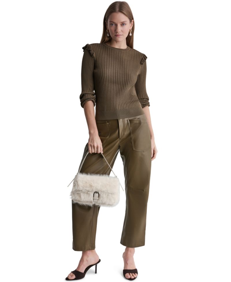 Women's Ruffle-Trim Ribbed-Knit Long-Sleeve Crewneck Sweater