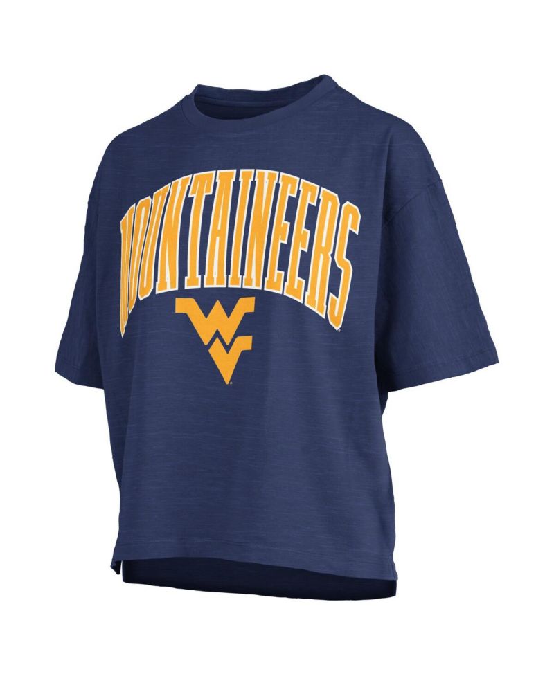 Women's Navy West Virginia Mountaineers Nelson Arch Over Logo Waist Length Oversized Slub T-Shirt