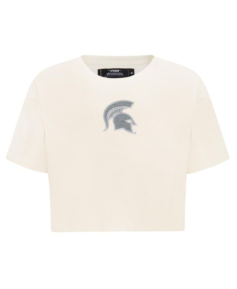 Women's Cream Michigan State Spartans Reverse French Terry Boxy Cropped T-Shirt