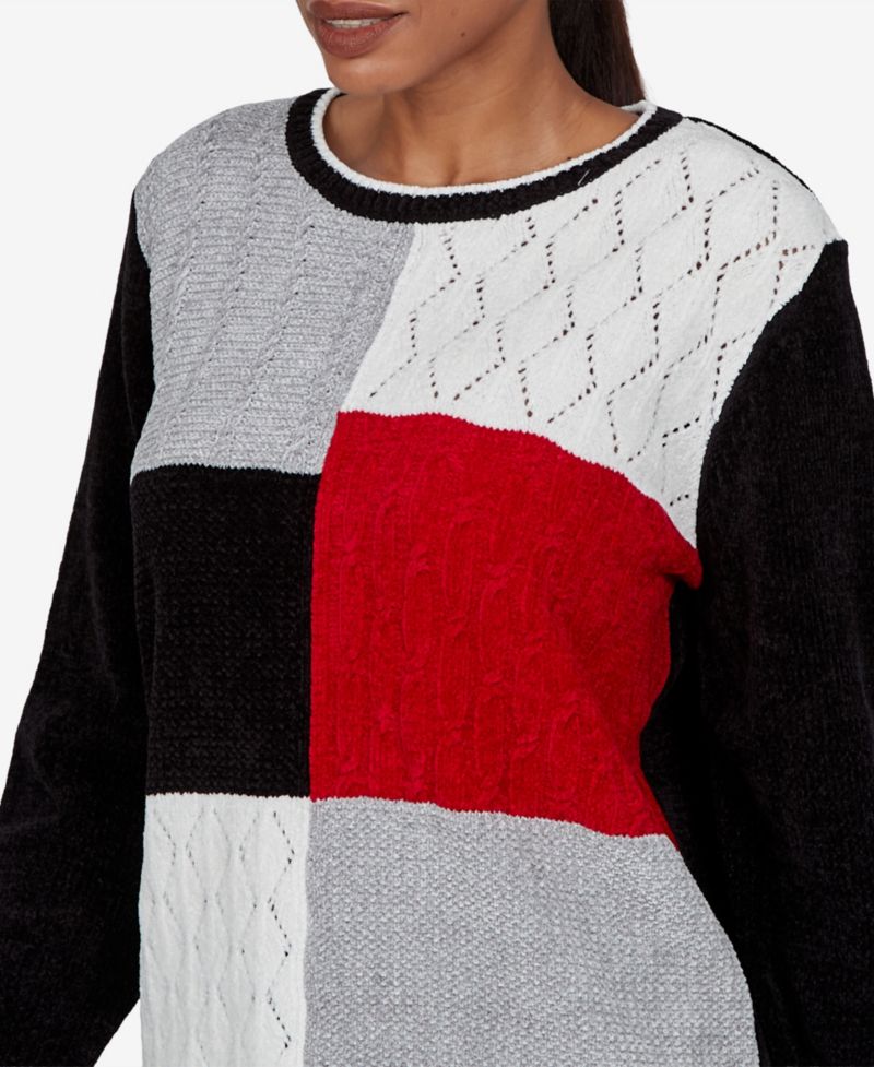 Women's Petite Colorblock Cable-Knit Long-Sleeve Crewneck Pullover