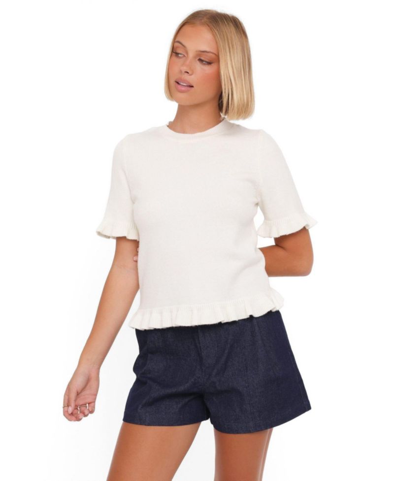 Women's Emilie Ribbed-Knit Ruffle Short-Sleeve Crewneck Sweater