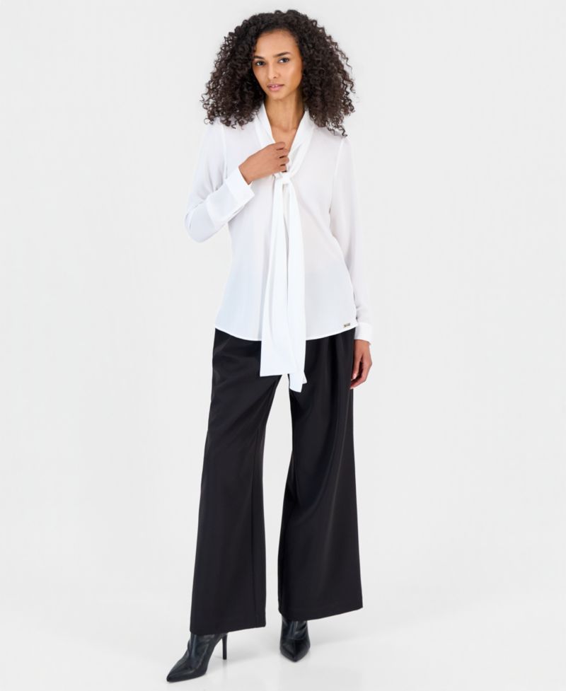 ASL Petite Tie-Front V-Neck Long-Sleeve Blouse