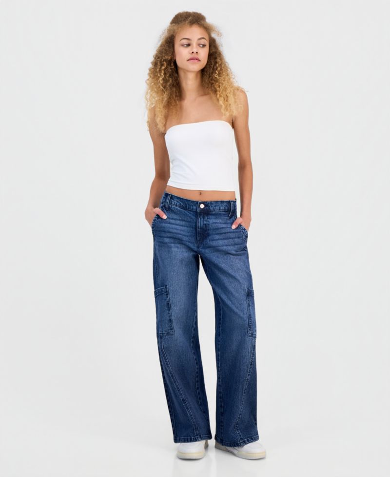 Juniors' Elastic-Back Mid-Rise Wide-Leg Cargo Jeans