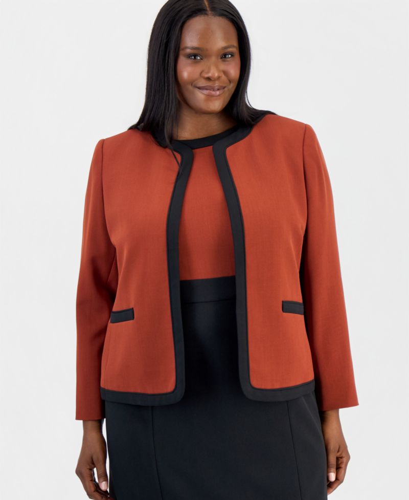 Plus Size Colorblock Open-Front Collarless Jacket