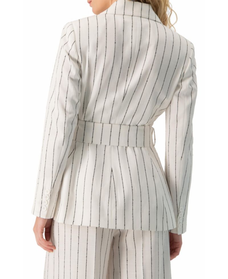 Women's Pinstripe Self-Tie Belted Wrap Tailored Blazer