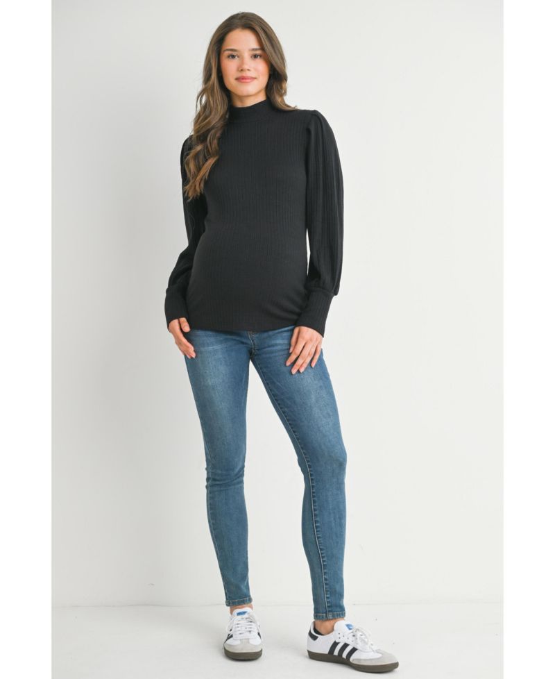 Women's Ribbed Mock-Neck Puff-Sleeve Top