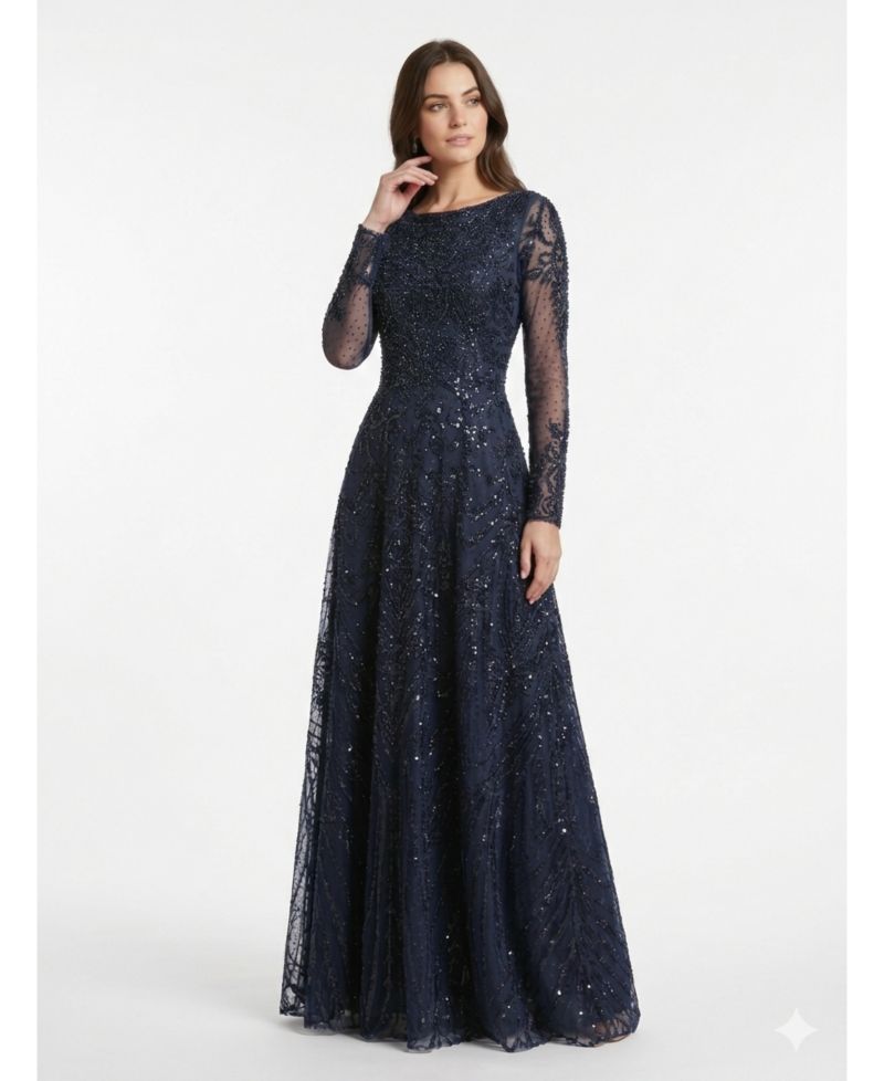 Women's Illusion Neck, Long Bell Sleeve Gown