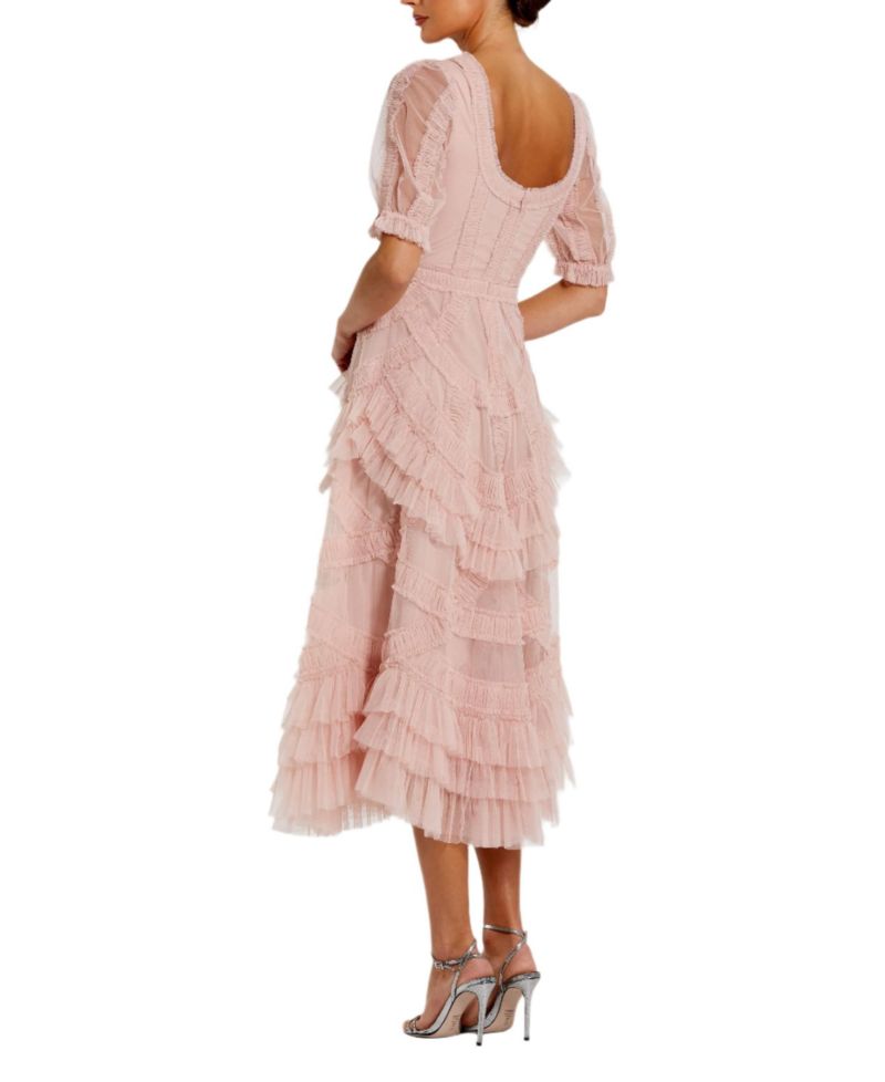 Women's Short Sleeve Mesh Mirco Ruffle Midi Dress