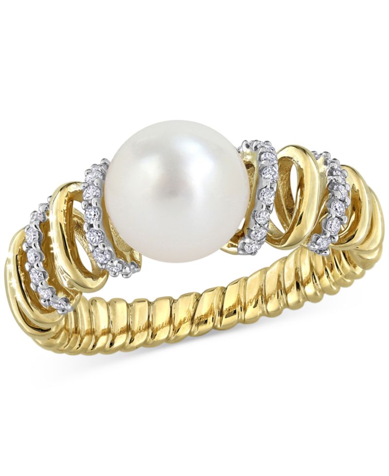Cultured Freshwater Pearl (8-8.5mm) & Diamond (1/6 ct. t.w.) Ring in 10k Yellow Gold