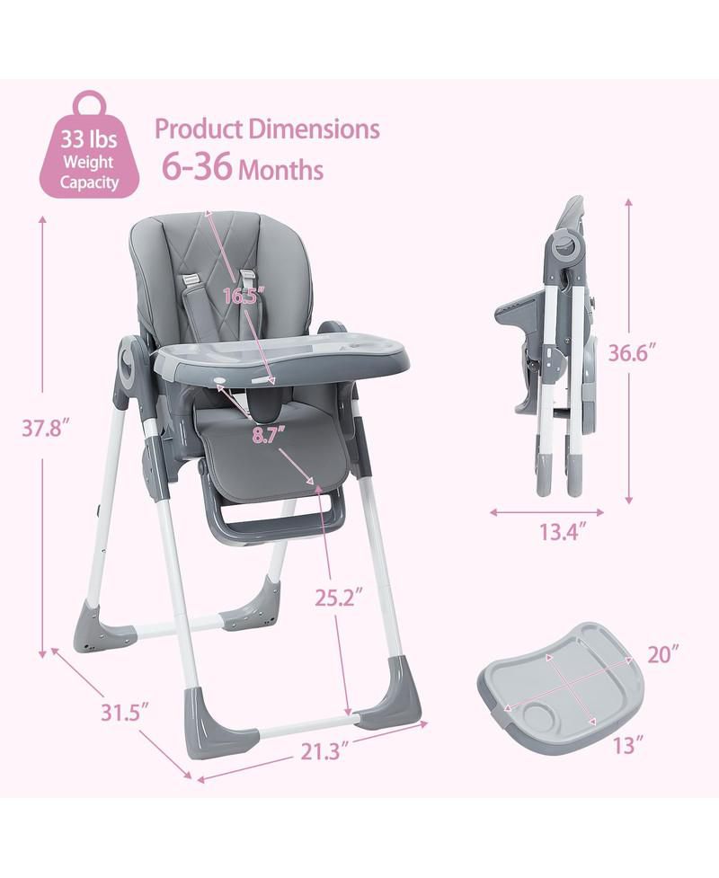 1 Pc Foldable with Removable Tray, Adjustable Height & Recline Easy-Clean Baby High Chair