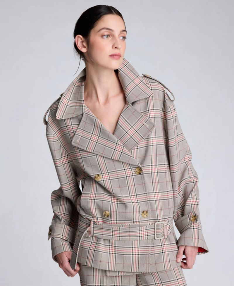 Women's Glen Plaid Button Front Drop Waist Belted Trench Jacket