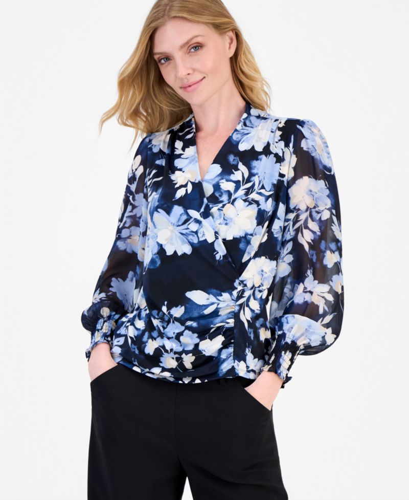 Women's Faux-Wrap Smocked-Cuff Top