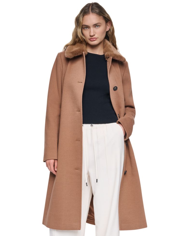 Women's Faux-Fur Collar Belted Single-Breasted Coat