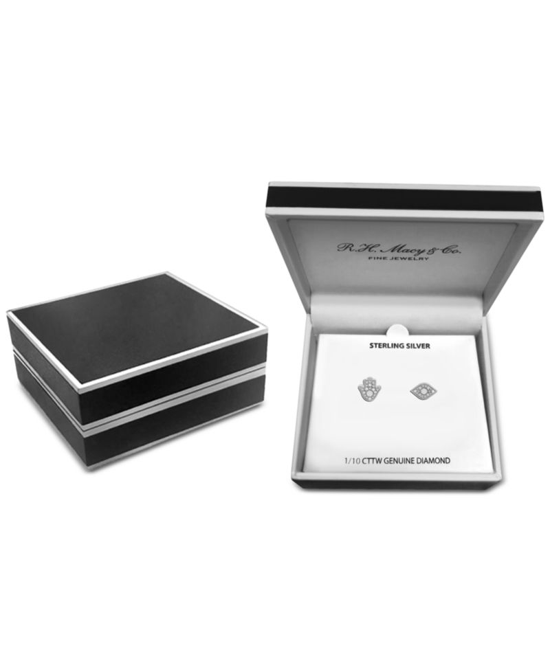Diamond Hamsa Hand & Evil Eye Mismatch Stud Earrings (1/10 ct. t.w.) in Sterling Silver