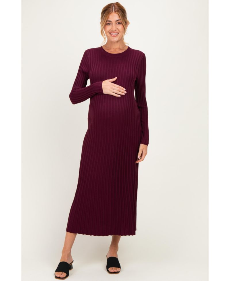 Maternity Long-Sleeve Ribbed Crewneck Sweater Midi Dress
