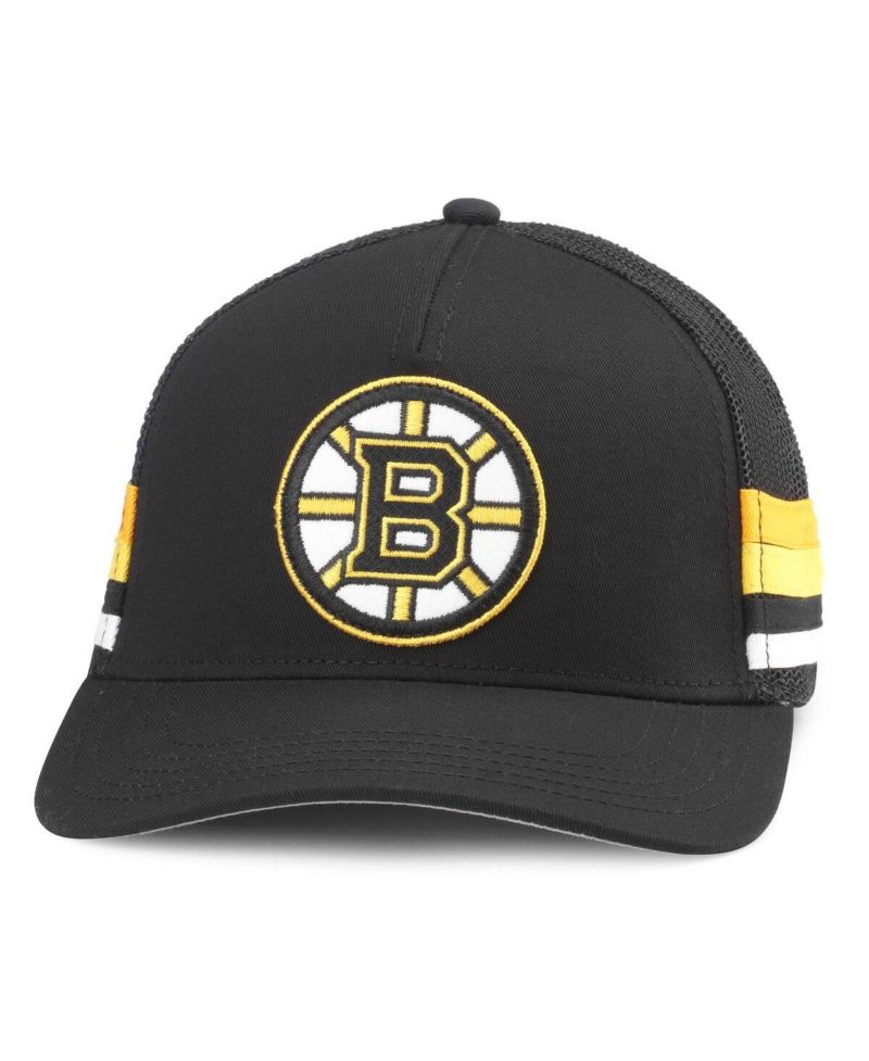 Men's Black Boston Bruins HotFoot Stripes Trucker Adjustable Hat