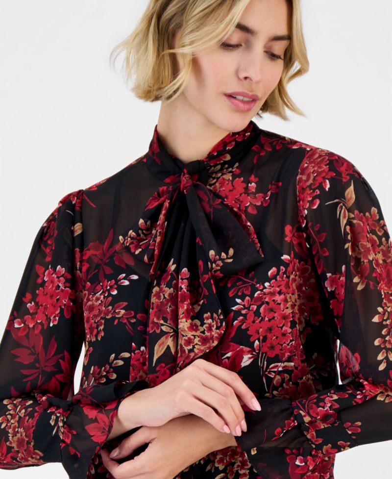Women's Long-Sleeve Bow-Front Floral-Print Blouse