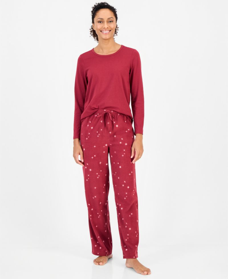 Women's Long-Sleeve Cotton-Blend Top and Fleece Pajama Pants Set