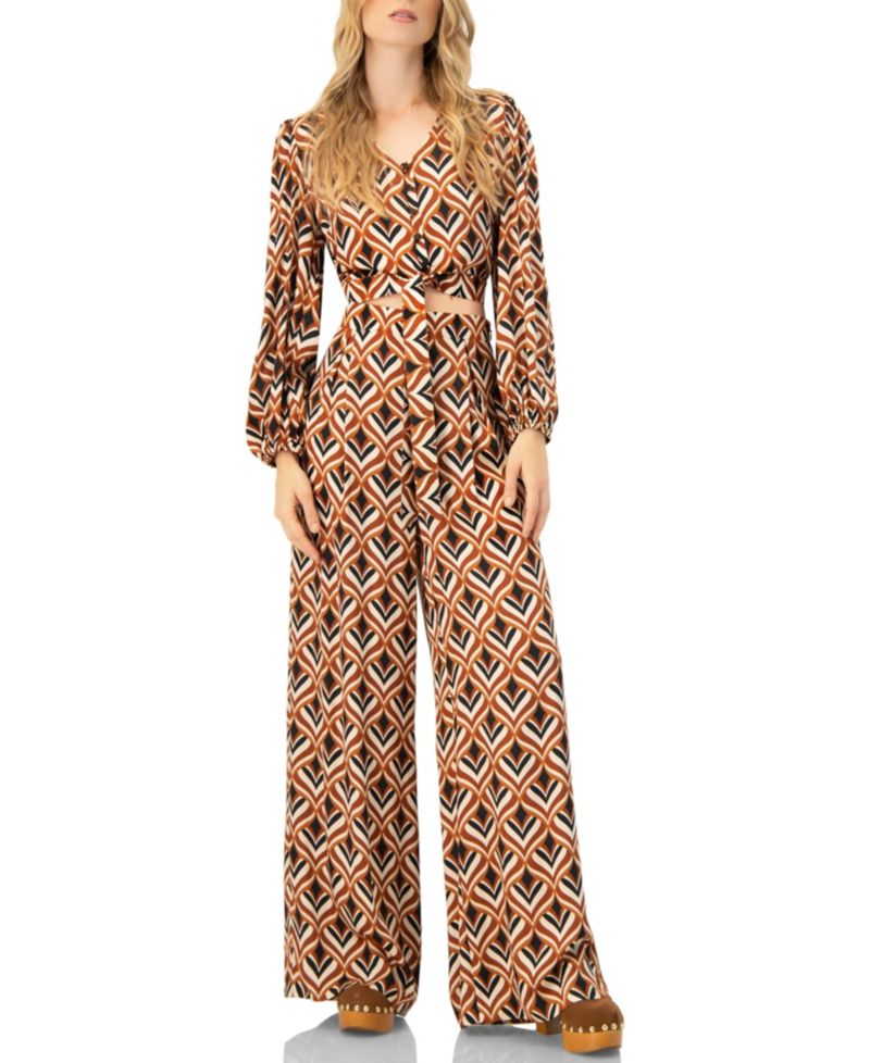 Women's V-Neck Geometric Print Blouse with Bottom Tie