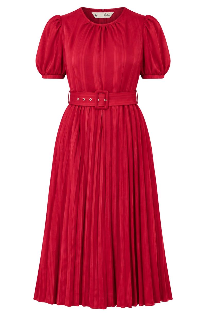 Women's Striped Satin Midi Dress Stylish Belted Partywear