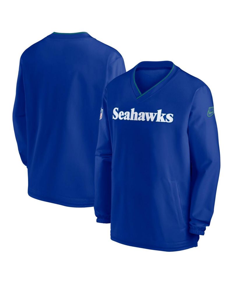 Men's Royal Seattle Seahawks 2024 Sideline Throwback Logo Long-Sleeve V-Neck Windshirt