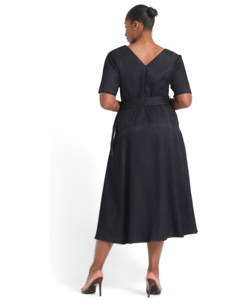 Plus Size Lyra V-Neck Fit & Flare Midi Denim Dress