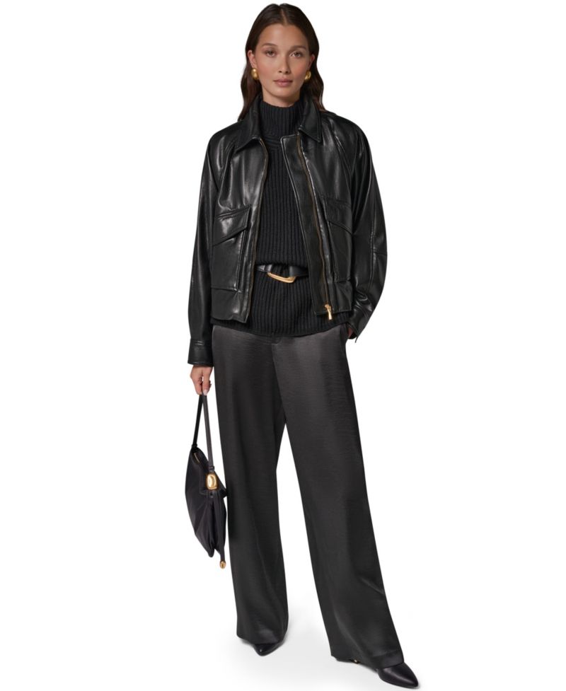 Women's Short Raglan Collared Faux Leather Jacket