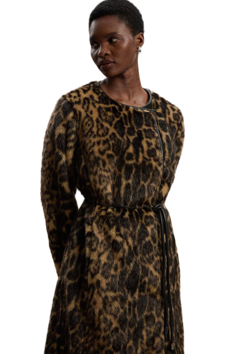Women's Faux Fur Collarless Tie Belted Midi Coat