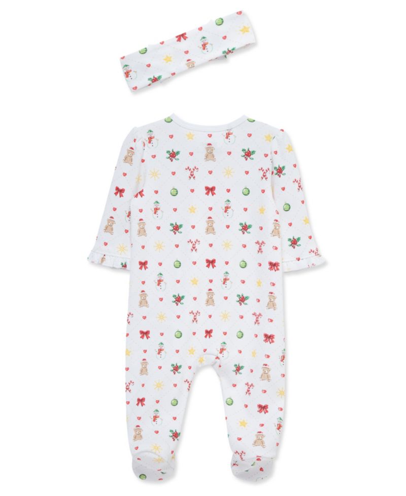 Baby Girls' Festive Printed Footed Coveralls and Headband, 2-Piece Set