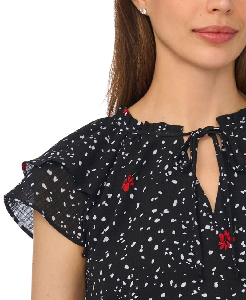 Women's Printed Flutter-Sleeve Tie Neck Top