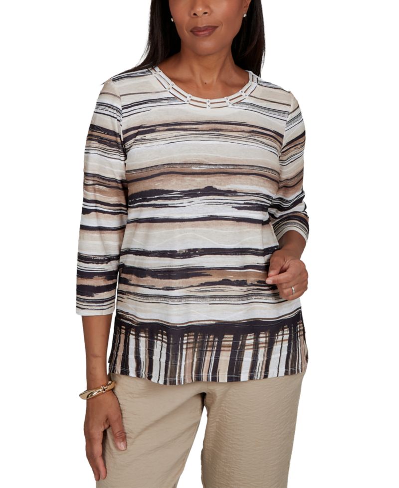Petite Travel Advisory Scratched Stripes 3/4-Sleeve Striped Knit Top