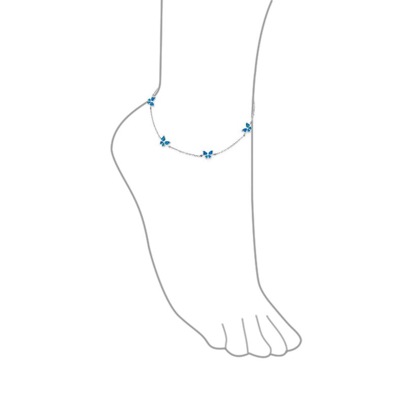 Created Blue Opal Butterfly Charm Anklet Ankle Bracelet Sterling Silver
