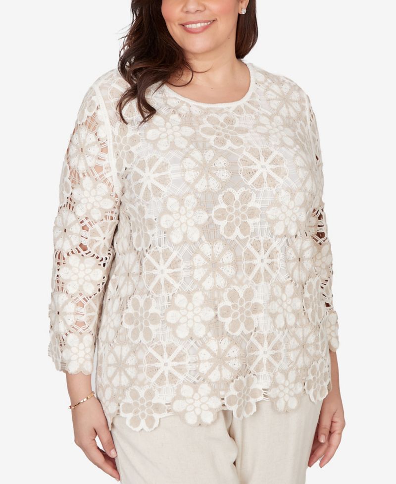 Plus Size Natural Wonder Floral Crochet Three Quarter Sleeve Top