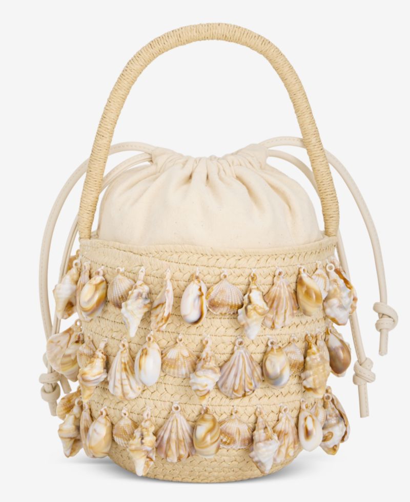 Shell Embellished Straw Bucket Bag
