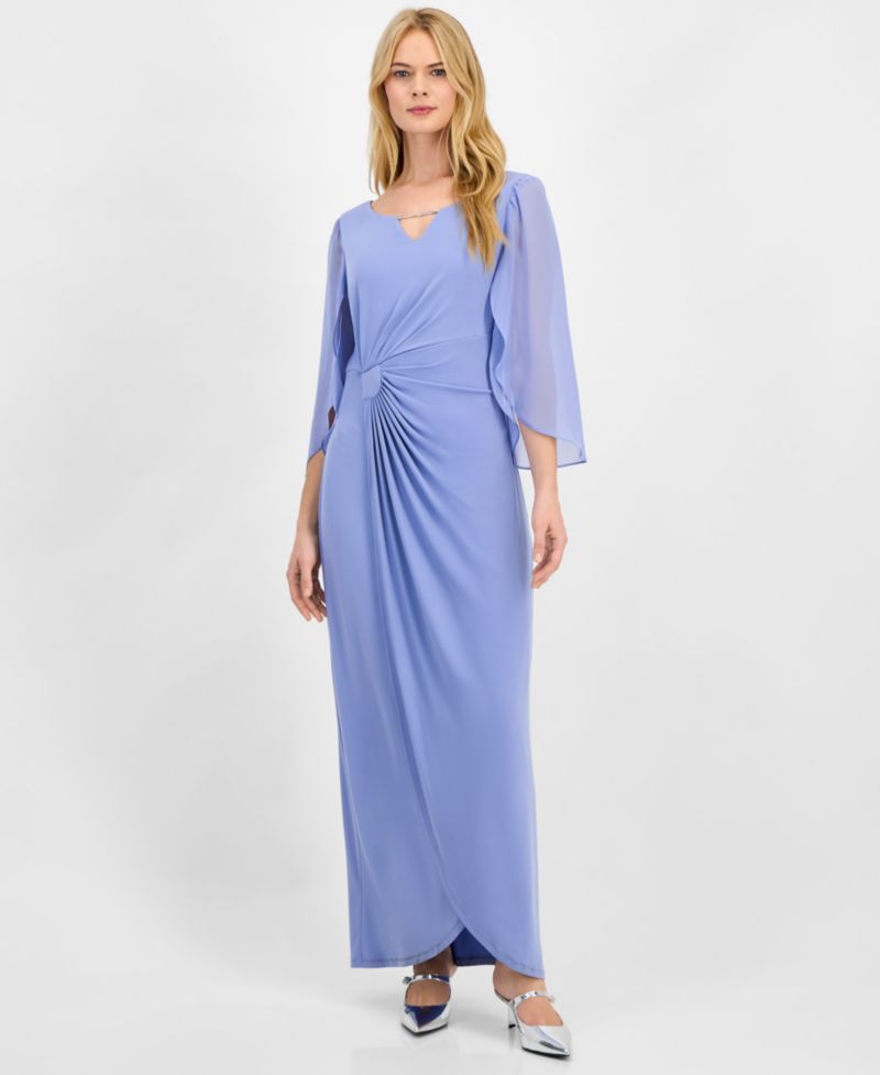 Women's Solid Jersey Sheer-Sleeve Maxi Dress