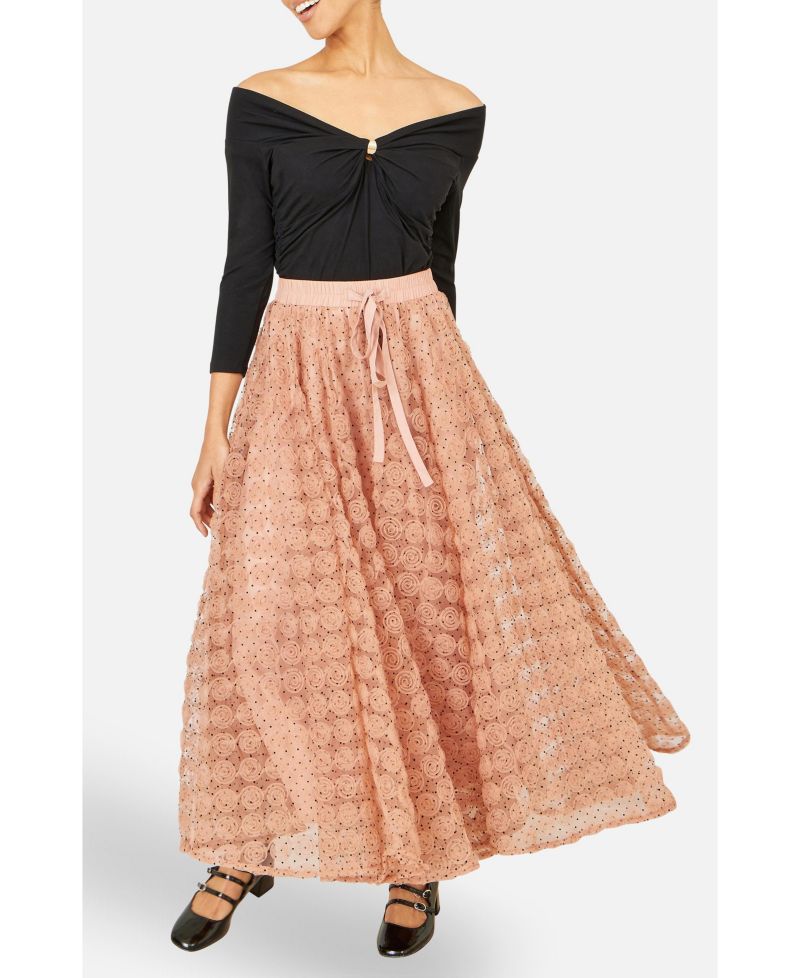 Women's Spot and Rose Tulle Polka-Dot High-Waisted Maxi Skirt