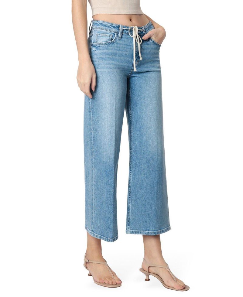Women's High Rise Trouser Fold Drawstring Crop Wide Leg Jeans