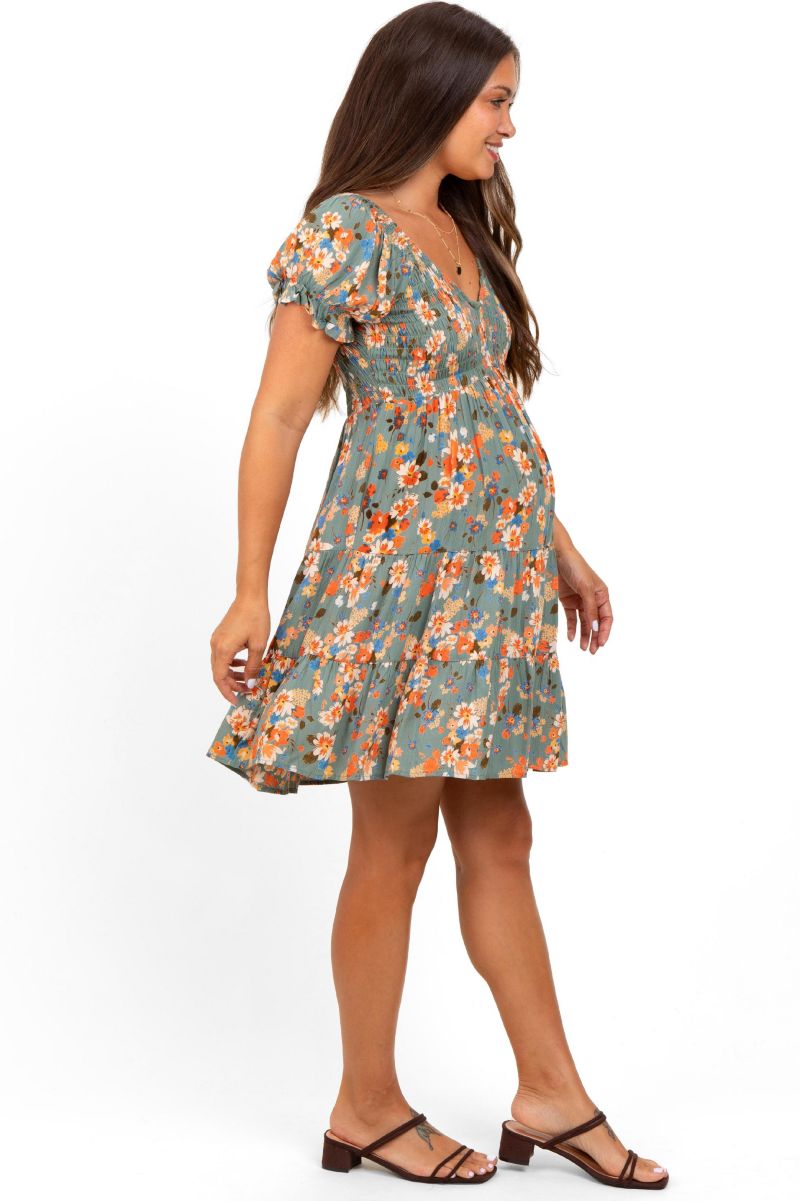 Women's Olive Floral Smocked V-Neck Puff Sleeve Dress