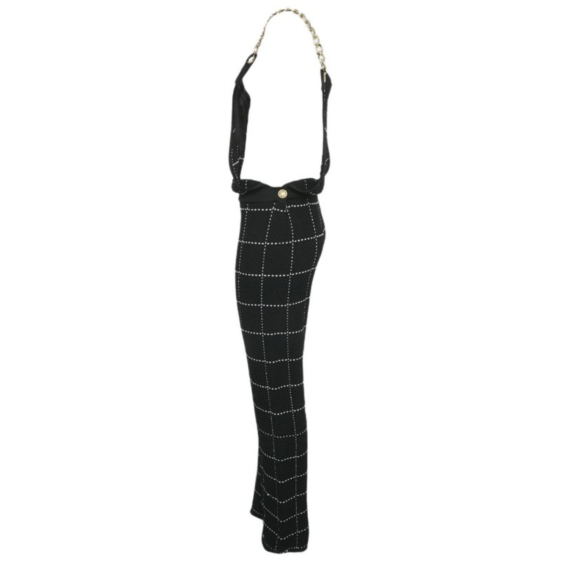 Women's Black Patterned Knit Chain Strap Detail Jumpsuit