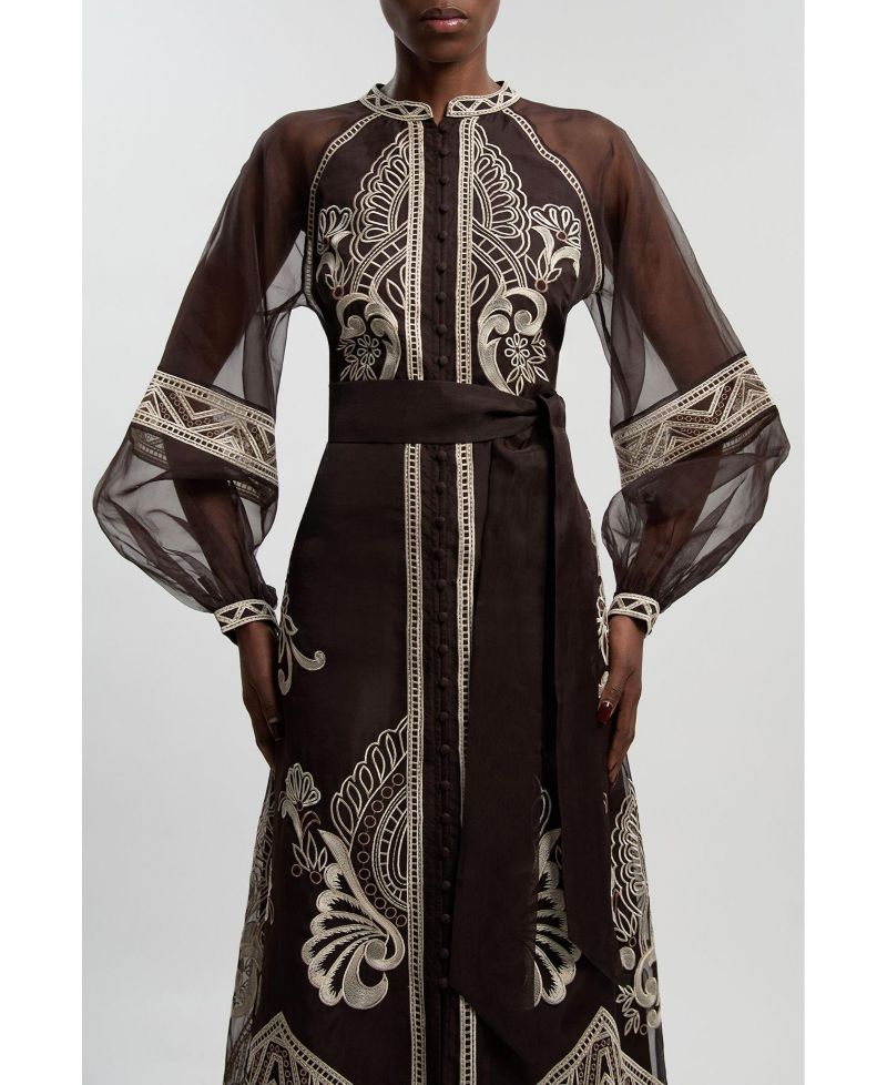 Women's Embroidered Mandarin Collar Midi Dress