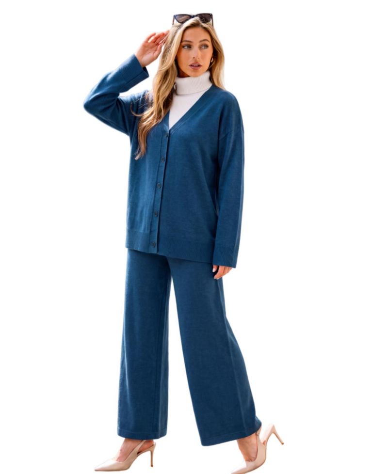 Women's V-Neck Knit Wide-Leg Cardigan and Pants, 2-Piece Set