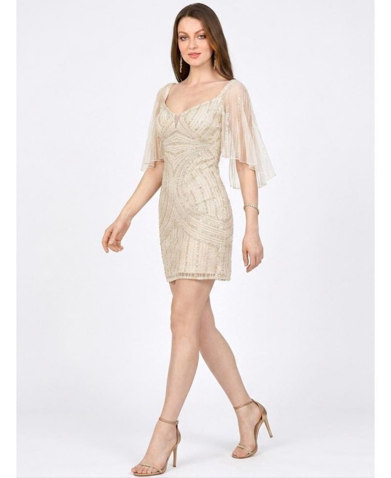 Women's Beaded Cape Sleeve Wedding Short Dress