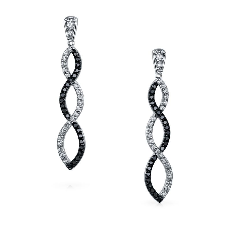 Elegant Cocktail Pave CZ Black and White Twist Long Infinity Drop Earrings