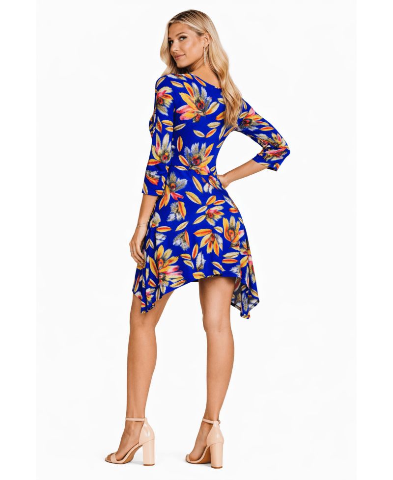 Women's Shark-Bite Asymmetrical Tropical Print Knit Resort Dress