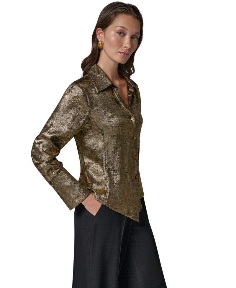 Petite Long-Sleeve Point-Collar Pointy-Asymmetrical-Hem Blouse