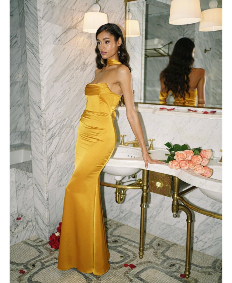 Women's Ivona Gold Halter Neck Double Duchess Satin Gown