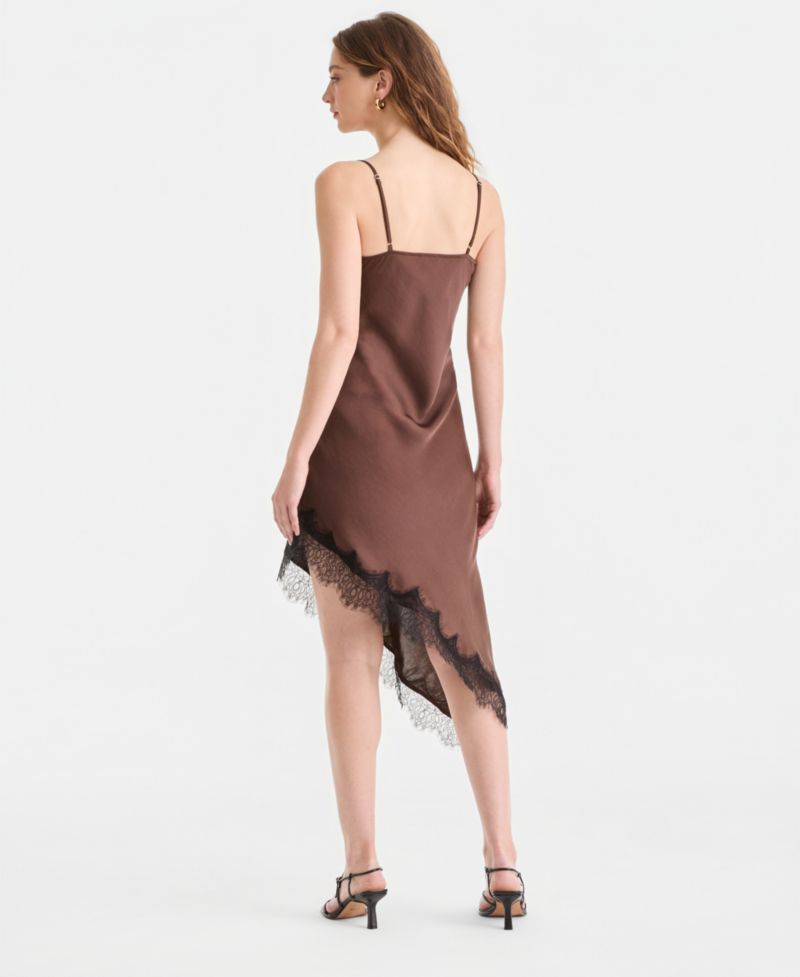 Women's Satin Lace-Trim Asymmetric-Hem Dress