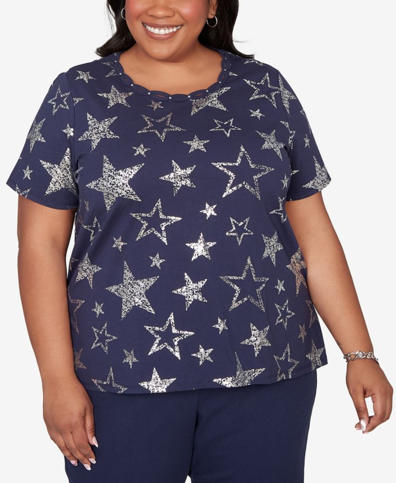 Plus Size Lady Liberty Sparkling Foil Stars Crewneck T-Shirt